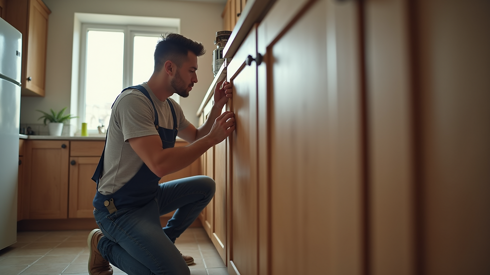 Eye-level view of a handyman fixing a kitchen cabinet door
