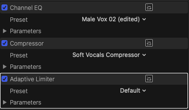 Audio FX in Final Cut. Channel EQ, compressor, and adaptive limiter