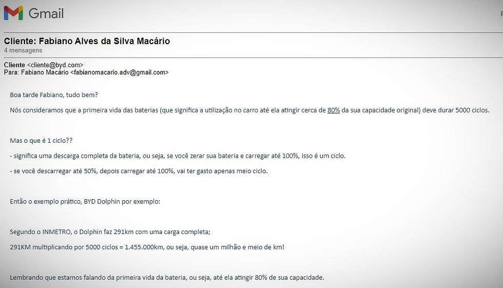 Resposta da BYD sobre a vida útil das baterias de carros elétricos