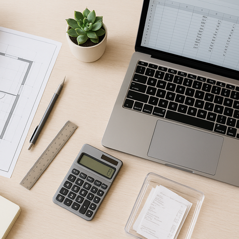 Overhead view of an architect’s desk with a blueprint, ruler, laptop displaying a spreadsheet, calculator, receipt tray, and a small potted succulent—symbolizing efficient financial management.