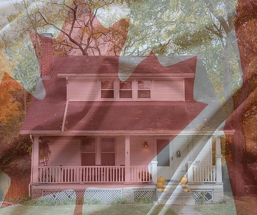 A partial wrinkly Canadian flag overlaid on an image of a white two story house with a covered porch and pumpkins on the steps.