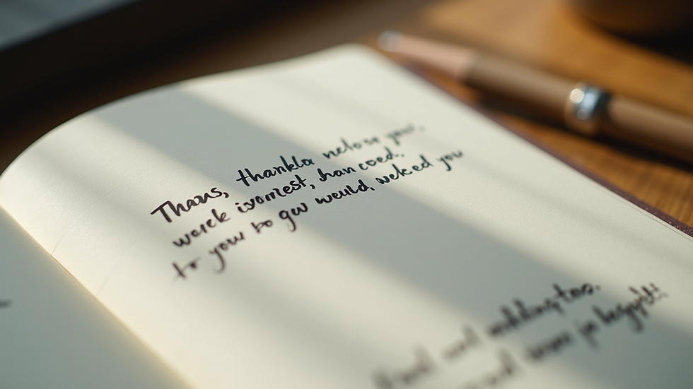 Close-up view of a journal with handwritten gratitude notes