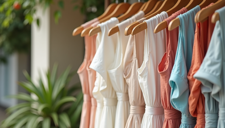 Eye-level view of lightweight summer dress hanging on a wooden rack outdoors