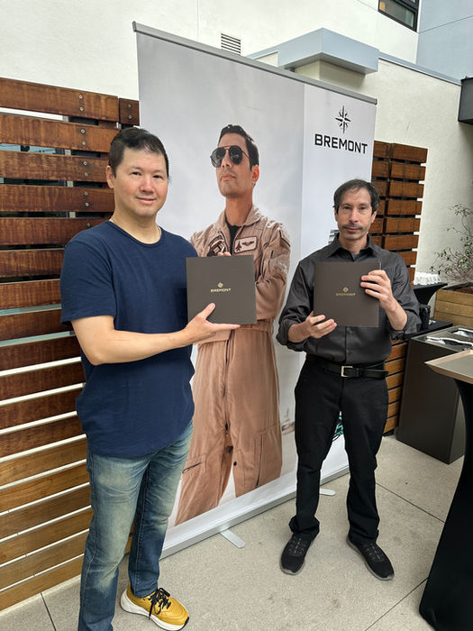 Rich Park and Erik Slaven from Monochrome Watches seated at the Bremont breakfast during the Minutes + Hours LA watch show.
