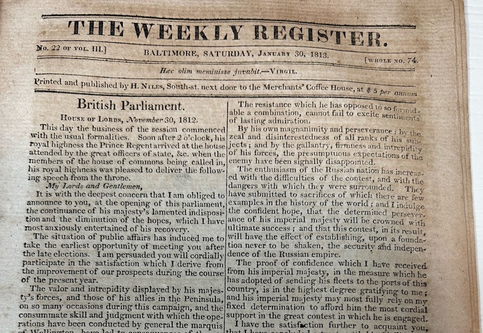 Original 1813 issue of Niles’ Weekly Register featuring War of 1812 reports, Prince Regent speech debate, naval actions, internal navigation letter, and early Congressional war finance proceedings.