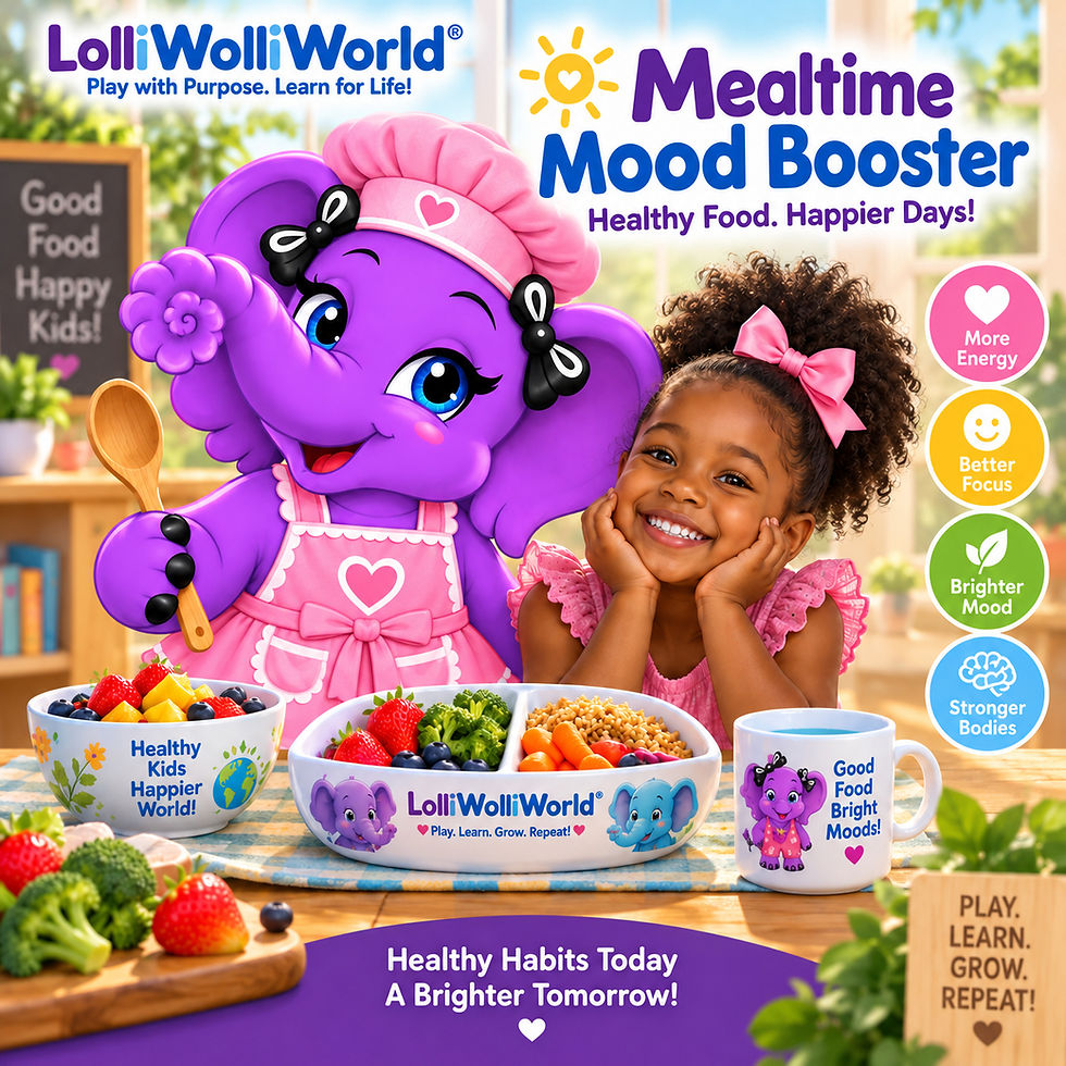Wide-angle view of Wolli Elephant and Pip decorating oatmeal bowls at a breakfast table.