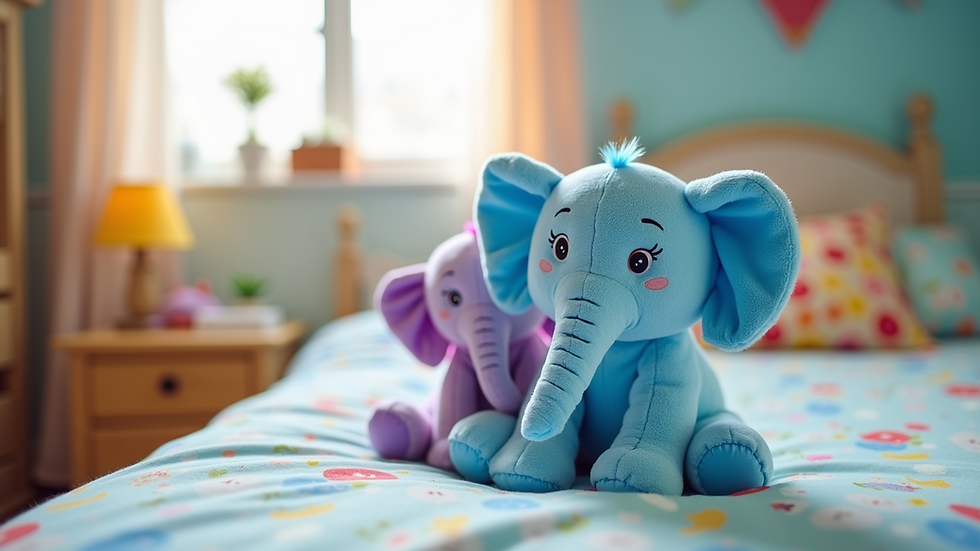 Eye-level view of a child’s bedroom with a plush elephant toy on the bed