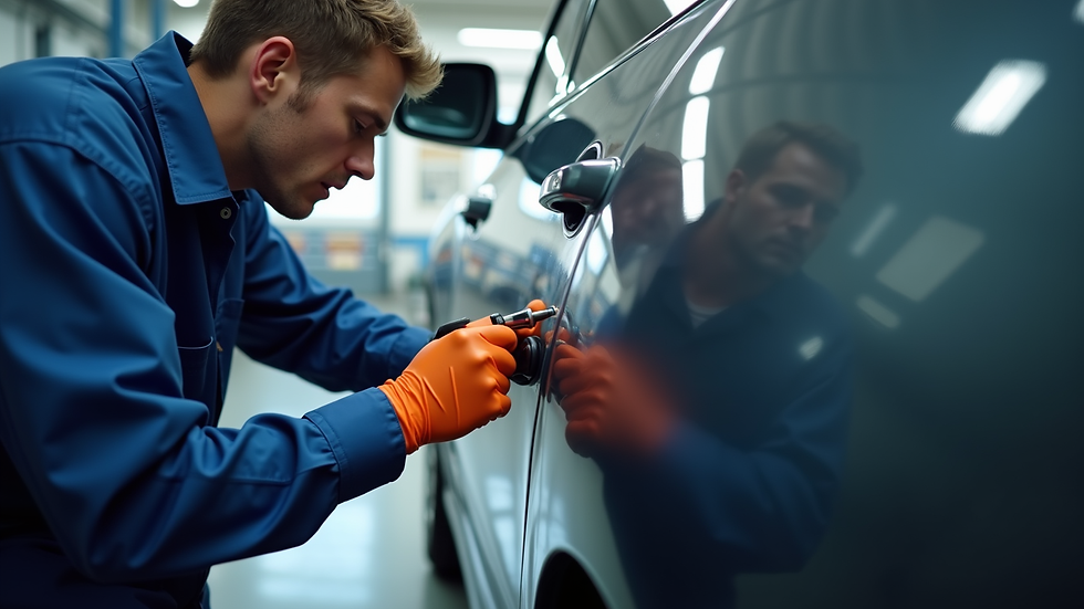 Eye-level view of a technician using tools for paintless dent repair on a car door