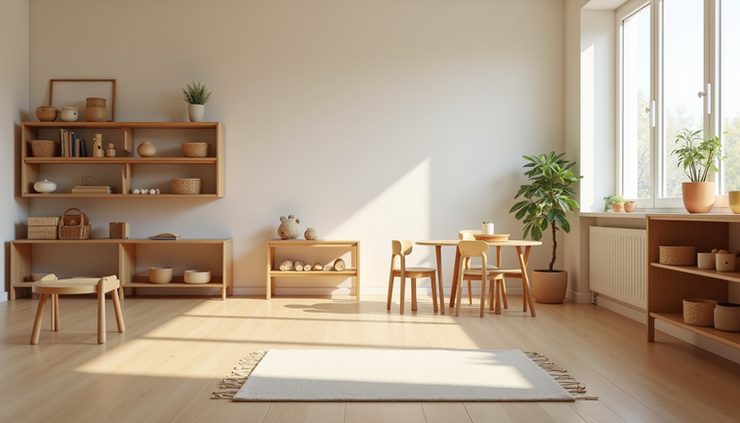 Eye-level view of a Montessori toddler classroom with low shelves and open floor space