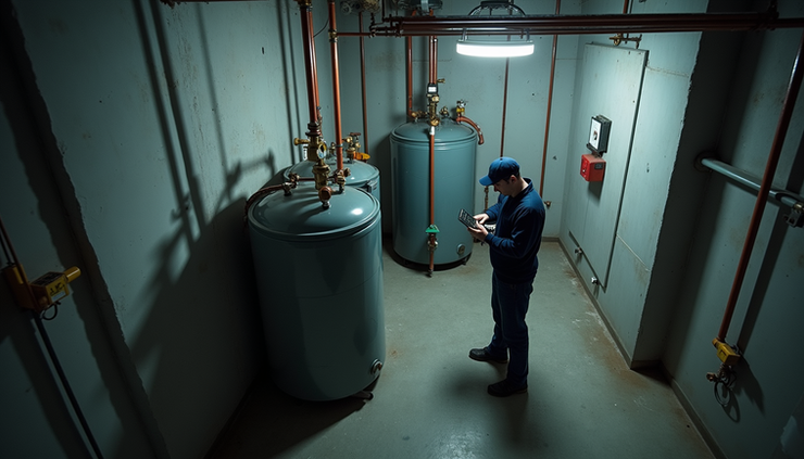 High angle view of a technician inspecting a pressure tank with diagnostic tools