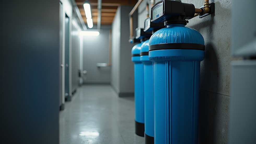 Eye-level view of water filtration system installed in a basement