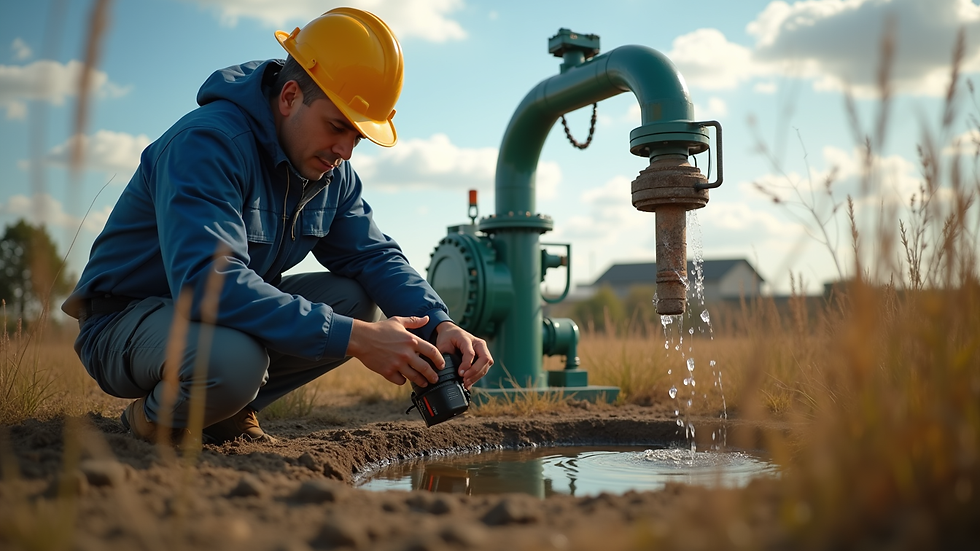 Eye-level view of a technician inspecting a well pump system outdoors