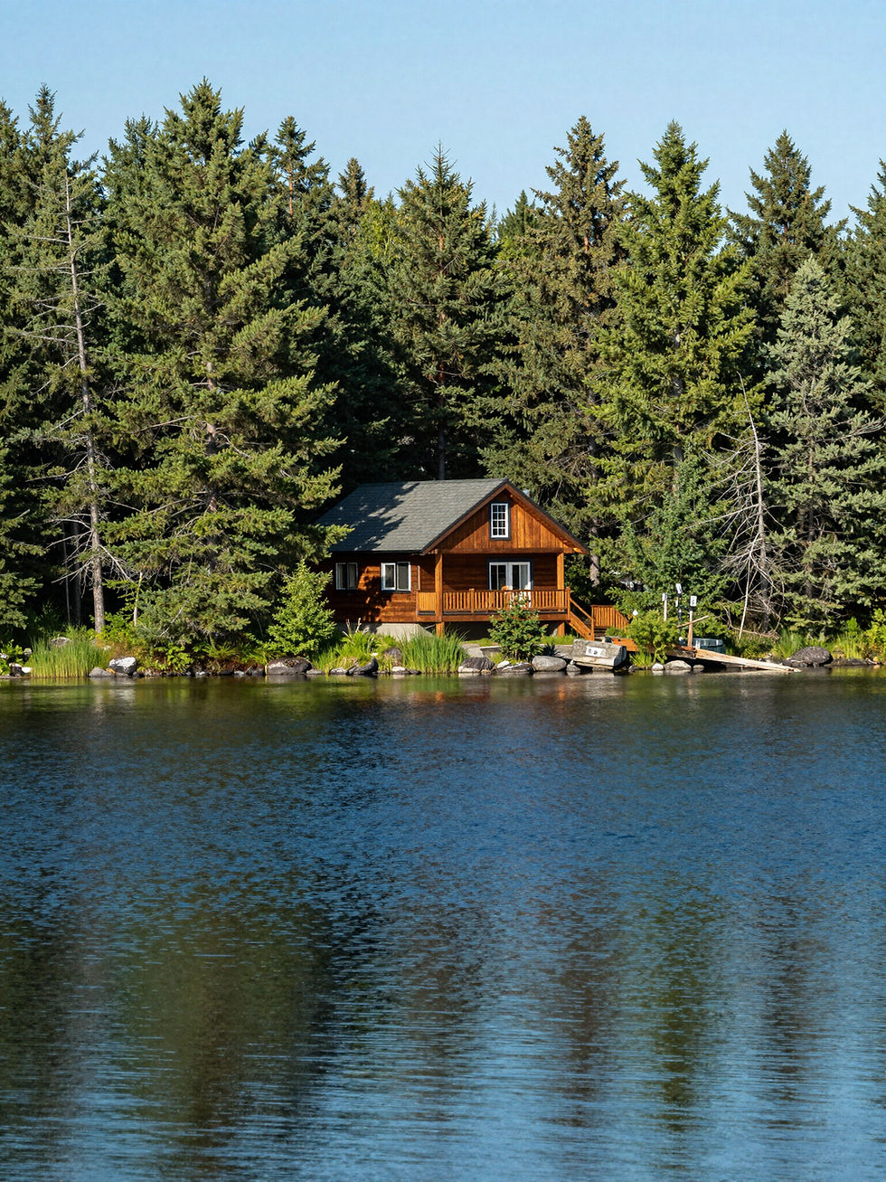 Wooden cabin by a tranquil lake and pine trees