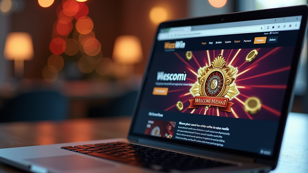 High angle view of a laptop screen showing WazeWin casino homepage with welcome bonus banner