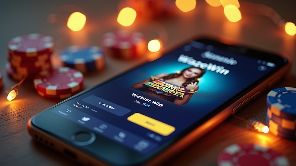 Close-up view of a smartphone showing WazeWin casino app with game options