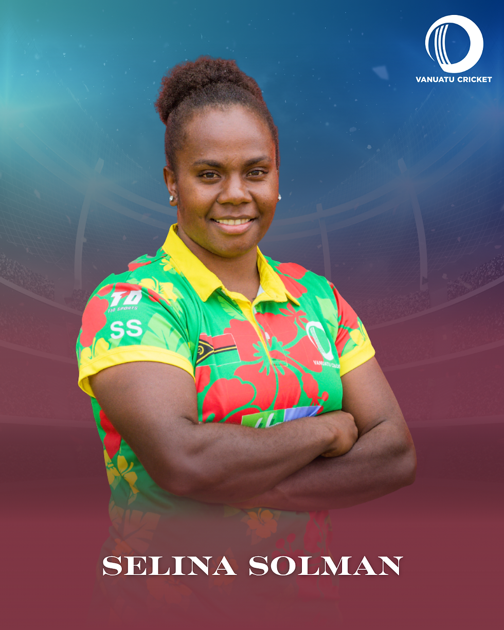 Cricket player in vibrant floral jersey, arms crossed, smiles confidently against a stadium background. Text: Vanuatu Cricket, Selina Solman.
