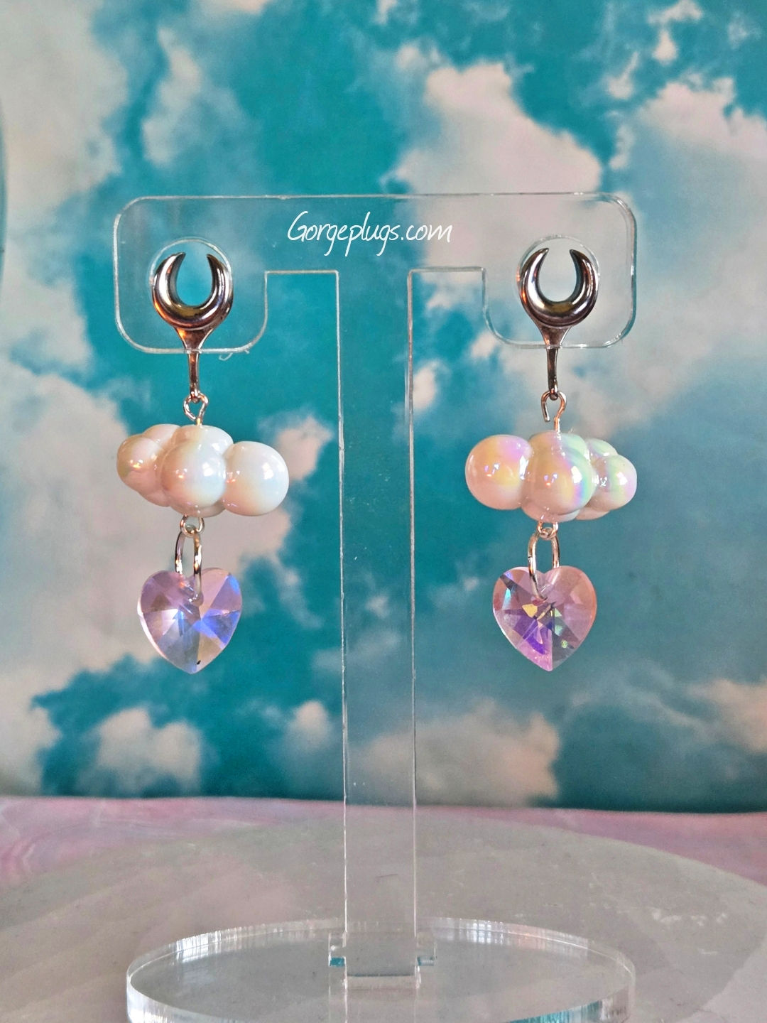 Dainty Pastel Crystal Heart Iridescent Cloud Saddle Dangle Plugs (2g-1")