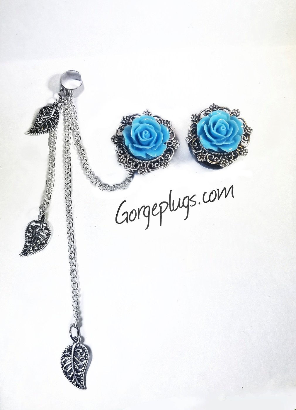 Silver Leaf Flower Earfuff Plugs - Pick Color- (0g-1")