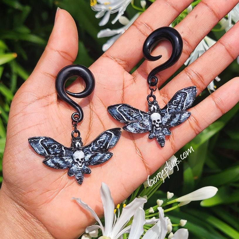 Thumbnail: Handpainted Black & White Moth and Skull Ear Weights 6g-00g(4mm+)