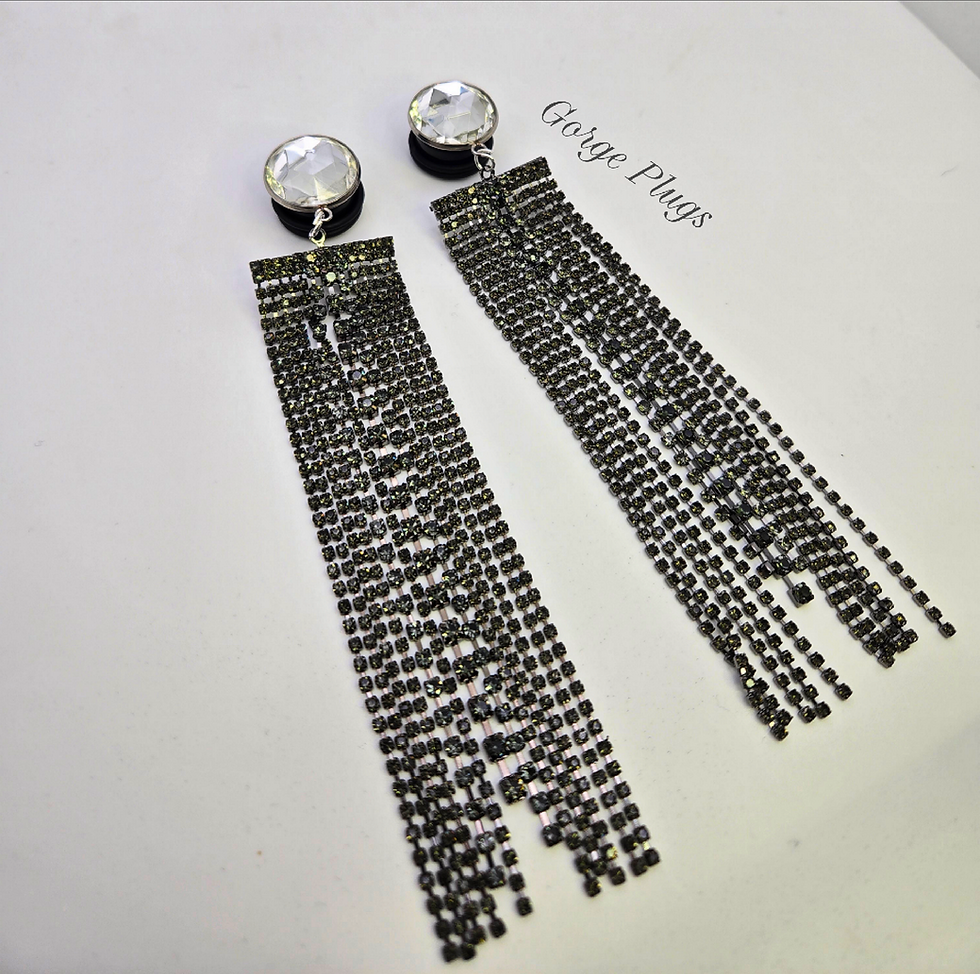 Thumbnail: Rhinestone Waterfall Tassel Screw Back Steel Tunnels (2g- 2")