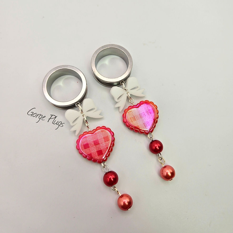 Thumbnail: Gingham Heart,Bow Pastel Pearls Screw Back Steel Tunnels Or Saddle (2g- 2")🎀