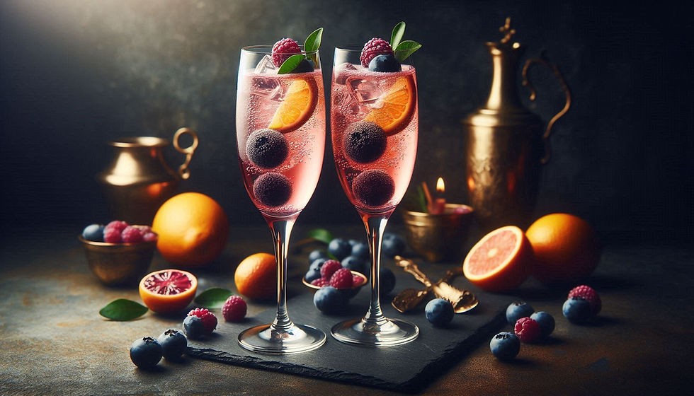 Sloe Gin and prosecco cocktail decorated with sloe, raspberries and orange on a table surrounded by fruit
