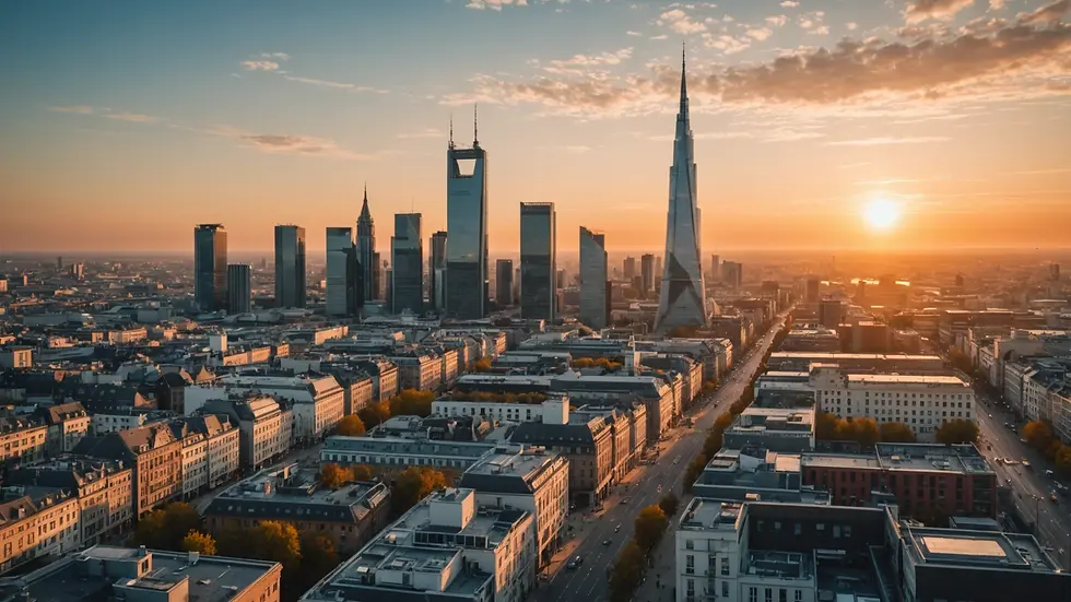 Wide angle view of a modern European city skyline against a sunset