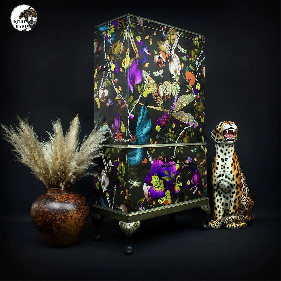 painted and decoupaged tallboy vintage cabinet in bold purple and gold flora and fauna print 