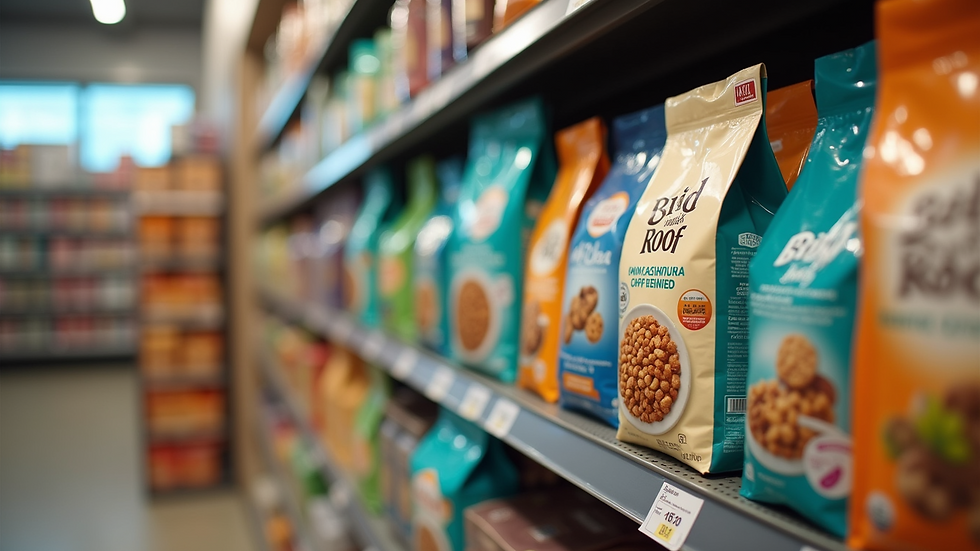 Close-up view of a variety of packaged pet food products arranged neatly on a store shelf