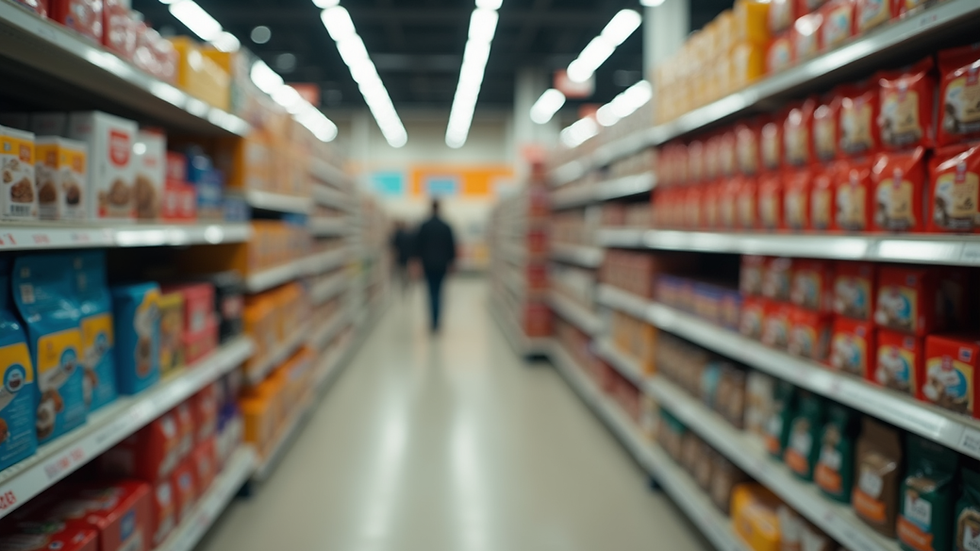 Eye-level view of pet food packages on a store shelf