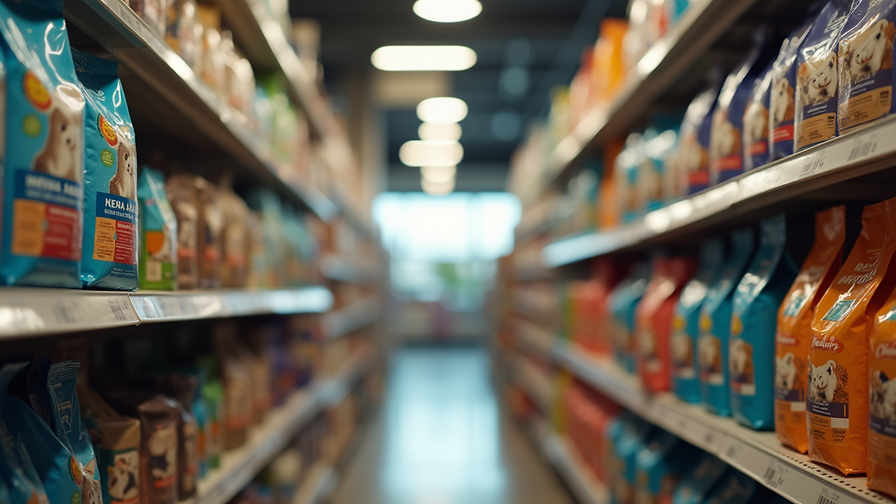 Eye-level view of a pet store shelf filled with various pet food bags