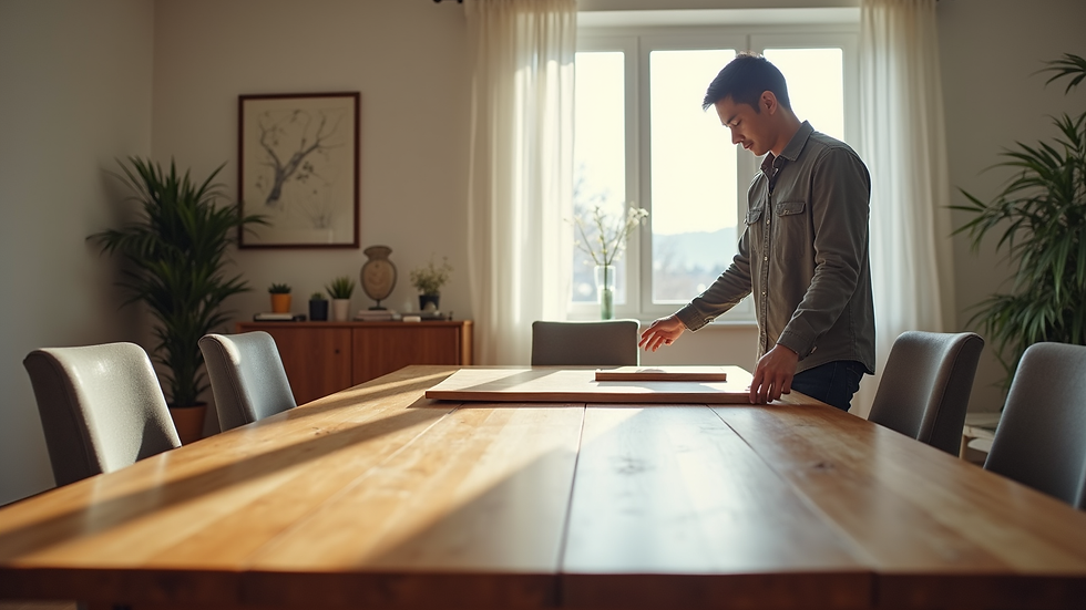 Eye-level view of a mover assembling a large wooden dining table inside a modern living room