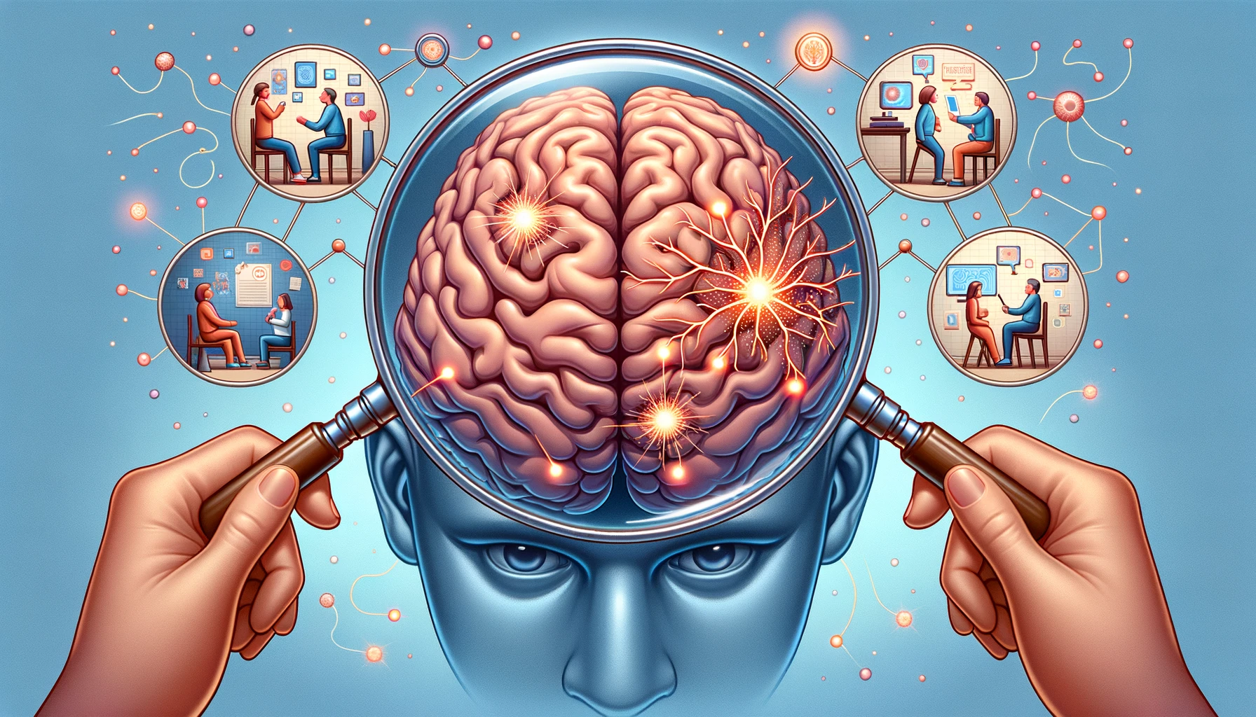 A live meeting and an online meeting side by side, contrasting their neural activity differences inside a braind.