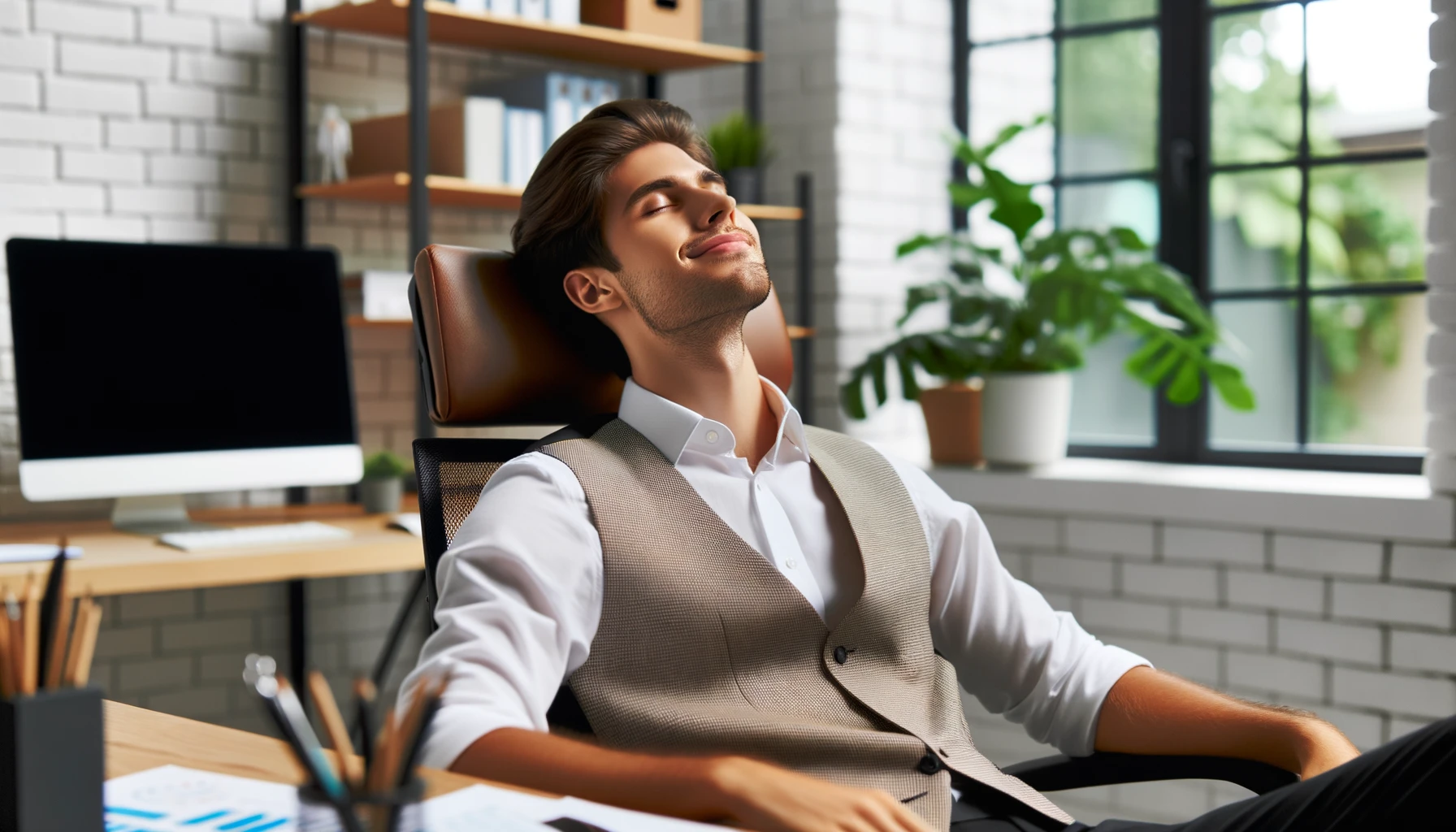 16:9 high-definition photo of the young professional leaning back in his office chair, taking a deep breath with a contented smile. His workspace is tidy, with a calming desk plant and ambient music playing in the background.