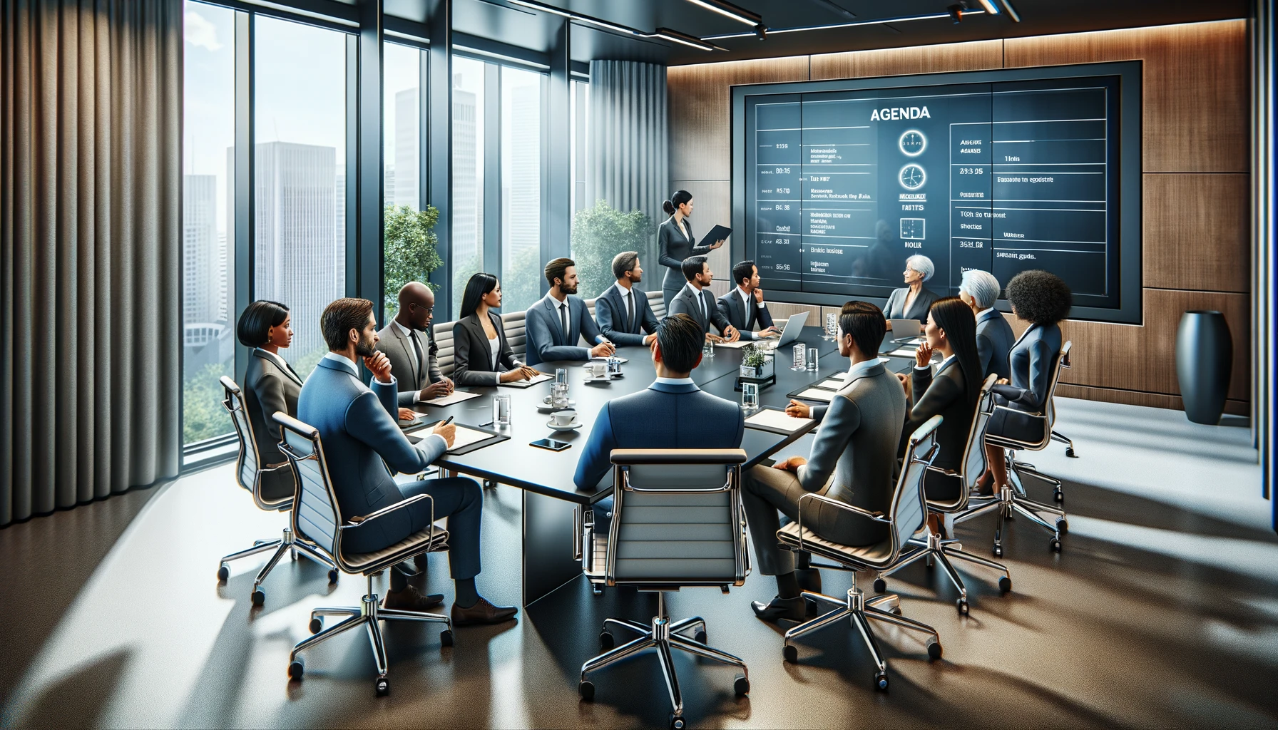 The image showcasing a group of professionals in a well-organized meeting with a visible digital agenda display.