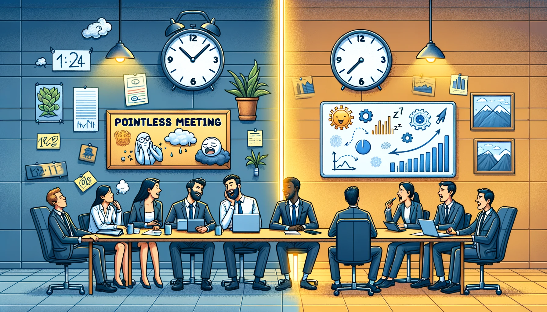 16:9 illustration depicting two contrasting scenes split by a line. On the left, the same meeting room with professionals looking disinterested, a snoozing alarm clock, and a sign saying 'Pointless Meeting'. On the right, the atmosphere changes dramatically. Professionals are engaged, animatedly discussing, with a whiteboard filled with ideas, a clock showing efficient time management, and a sign that reads 'Productive Meeting'.