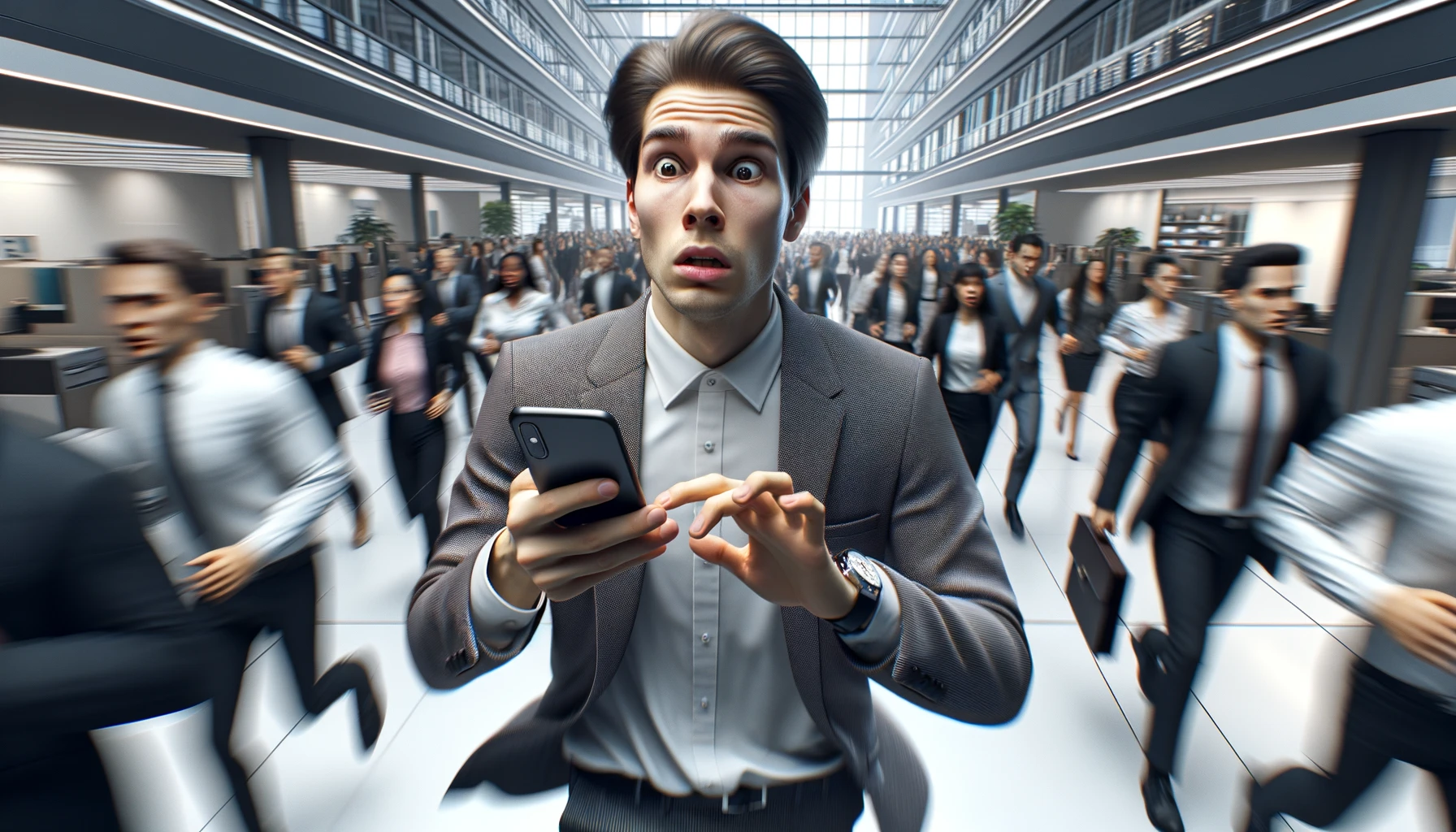 16:9 realistic picture of a young individual looking visibly overwhelmed, racing through a bustling office floor. Their phone rings incessantly, and they're simultaneously checking notifications, showcasing the chaos and pressure of back-to-back meetings.