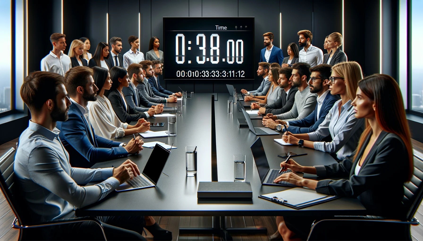 A focused group of professionals using a digital timer to manage their meeting agenda for maximum efficiency and productivity.