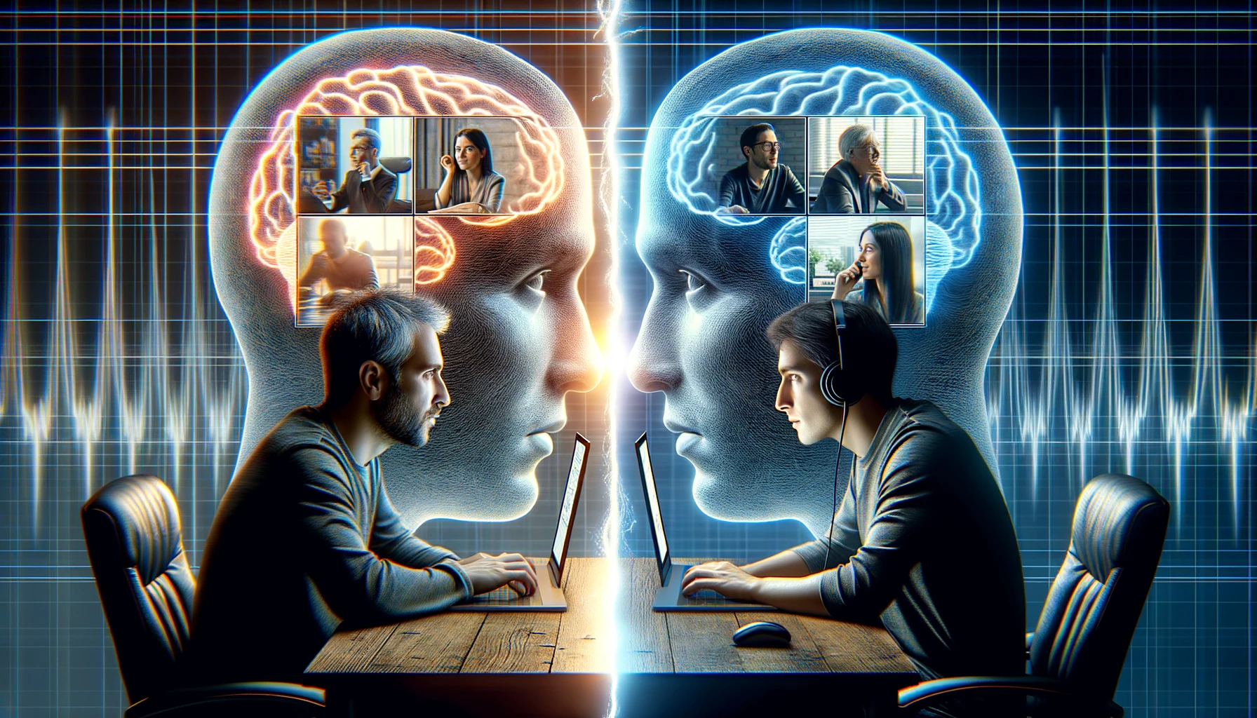 16:9 photo of a split-screen. On the left, an individual engages in a face-to-face conversation with someone, capturing the depth of human interaction. On the right, the same individuals are seen on computer screens in an online format, showcasing the virtual realm of interaction. Brain wave patterns are overlaid above each scene, with noticeable differences between the two, highlighting the neurological aspect of the discussion.