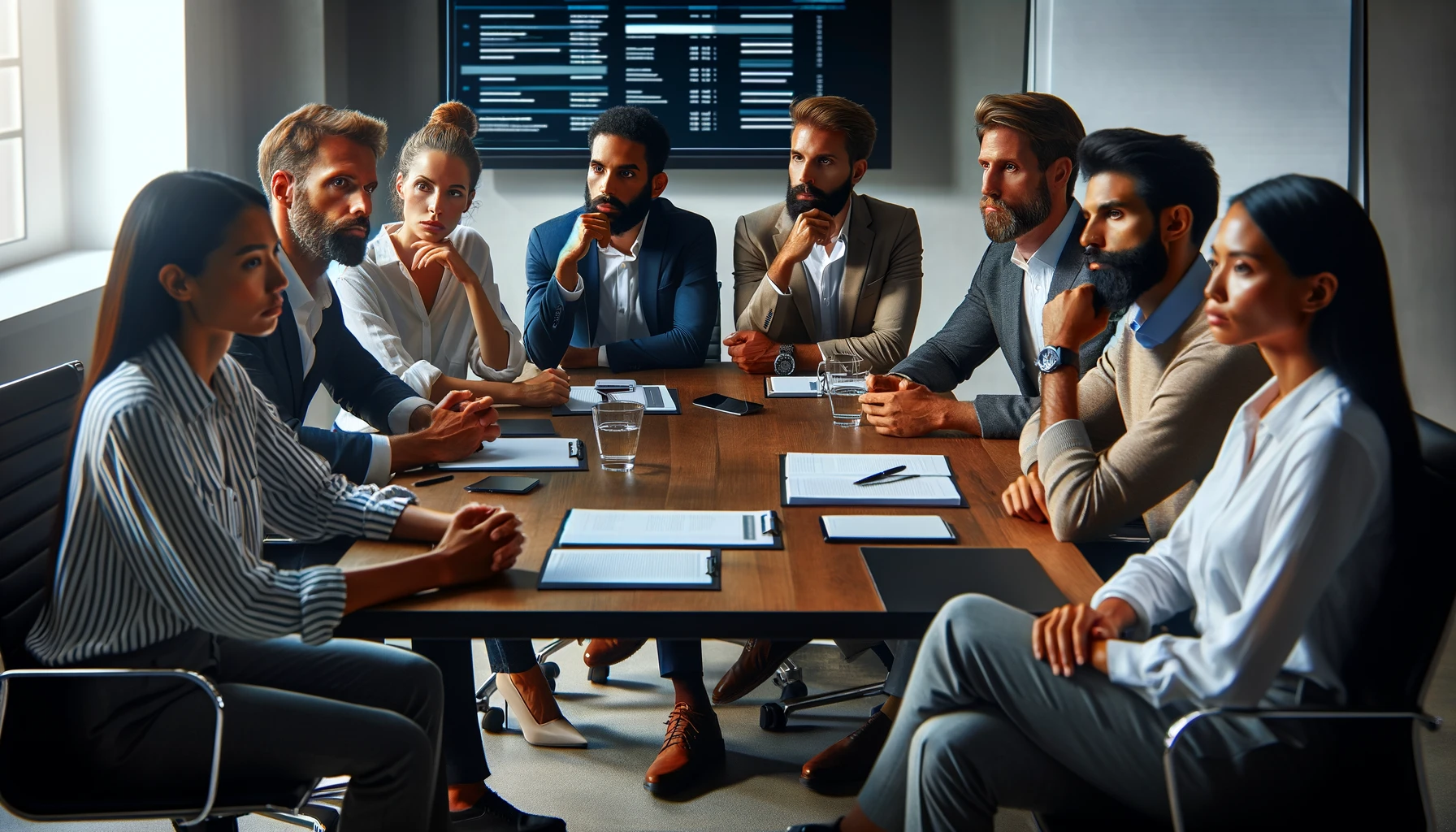 Image of a group of focused professionals actively engaged in a meeting, with a digital agenda display in the background.