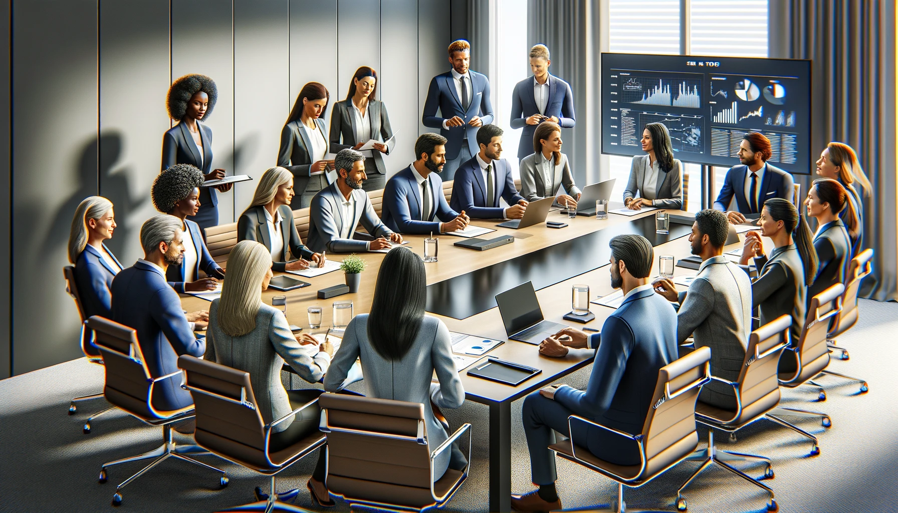 Image depicting a diverse team actively participating in a structured meeting, with each member demonstrating effective collaboration and productivity.