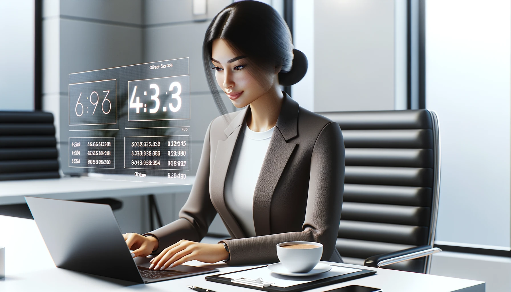 Render of a modern workspace where a female employee of South Asian descent is diligently working on her tasks. She has a serene expression, a cup of coffee by her side, and a digital timer indicating hours of productive work ahead.