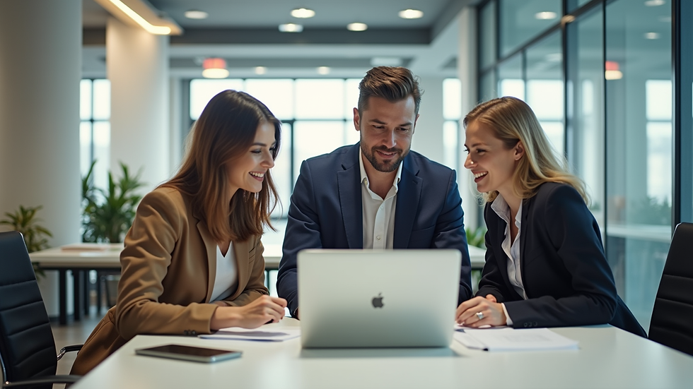 Eye-level view of a small team collaborating around a laptop in a bright office