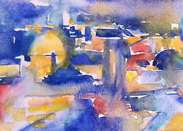 Heidy Sumei Chuang, Fine Art Painting, Moonlit Walk over Rooftops, Jeruslem Israel. Watercolor on Paper