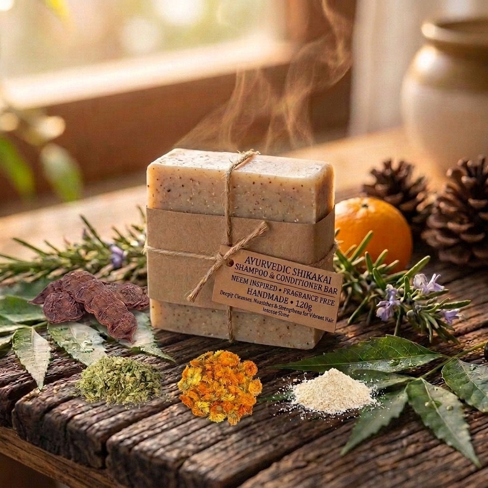 Stack of Ayurvedic Shikakai Shampoo bars on wooden table