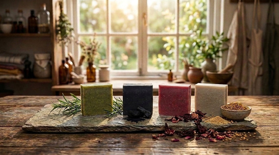 Four assorted handmade soap bars on a stone slab