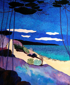 Peinture sur toile, paysage imaginaire coloré bleu et mauve représentant la mer, des rives, des rivages et des pins. Style japonisant.  