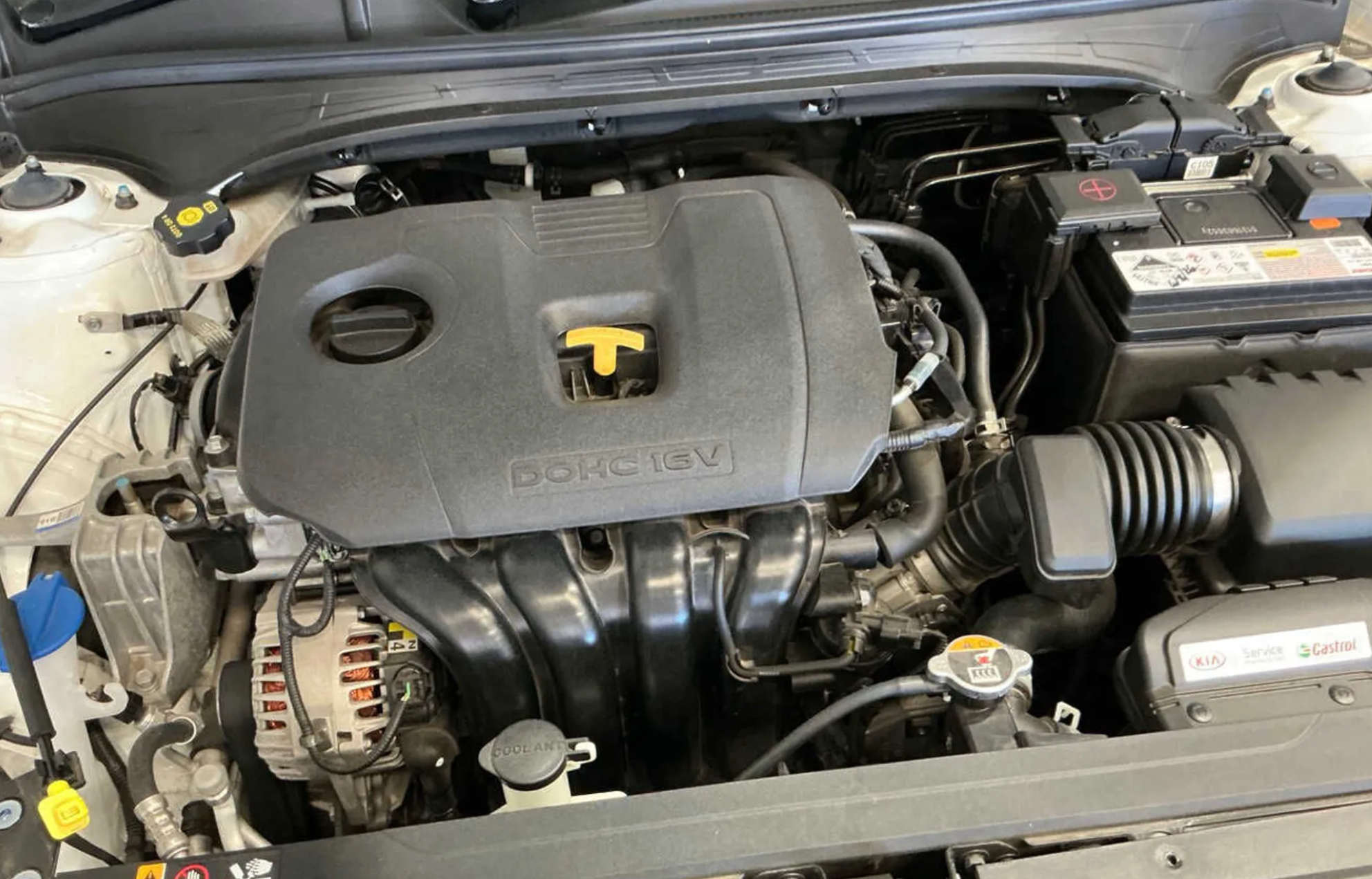 White 2020 Kia Cerato BD donor, engine bay, 28751 km and identification plates