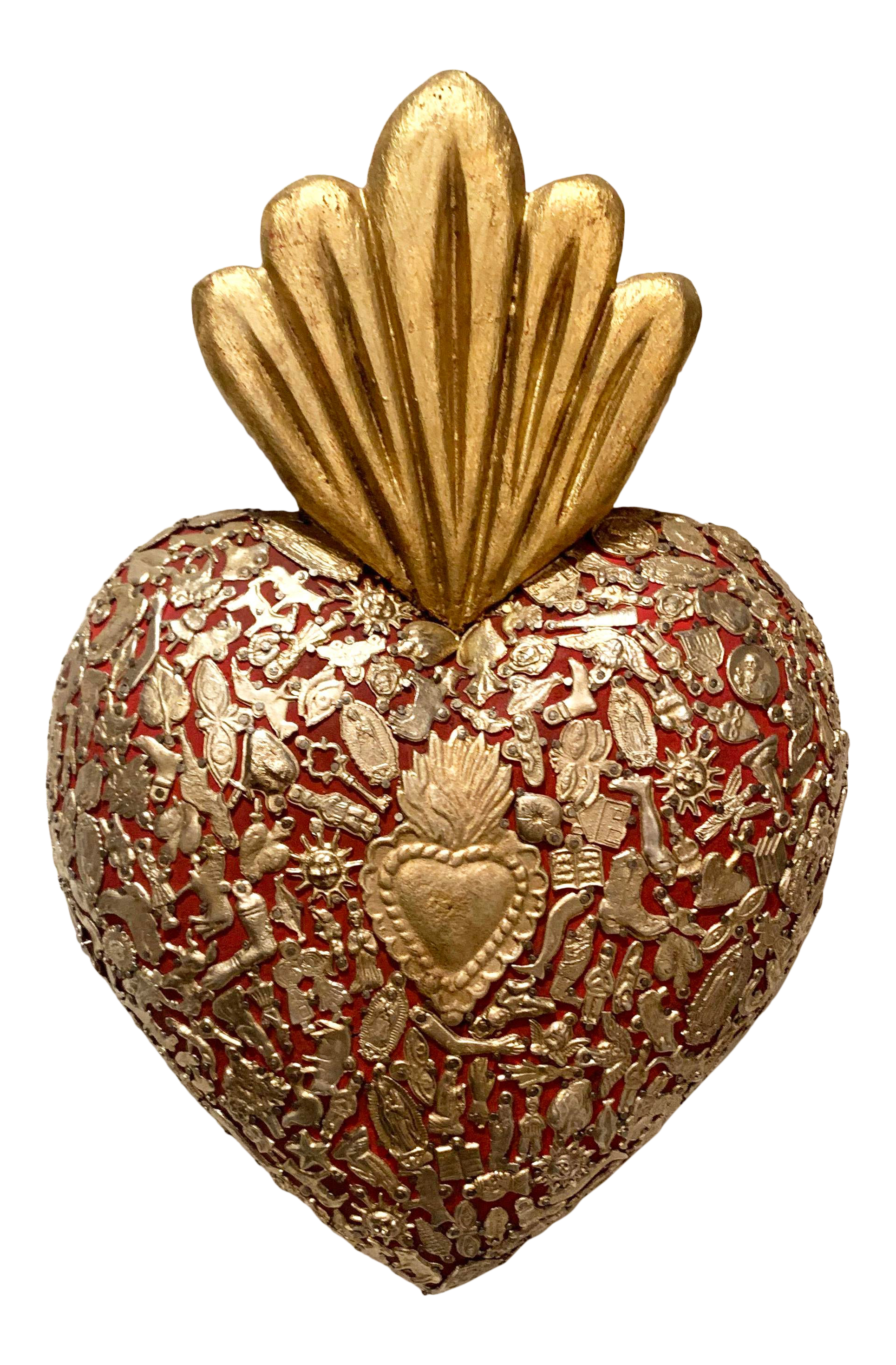 Gold and Red Flamed Wooden Sacred Heart Covered in Milagro Charms