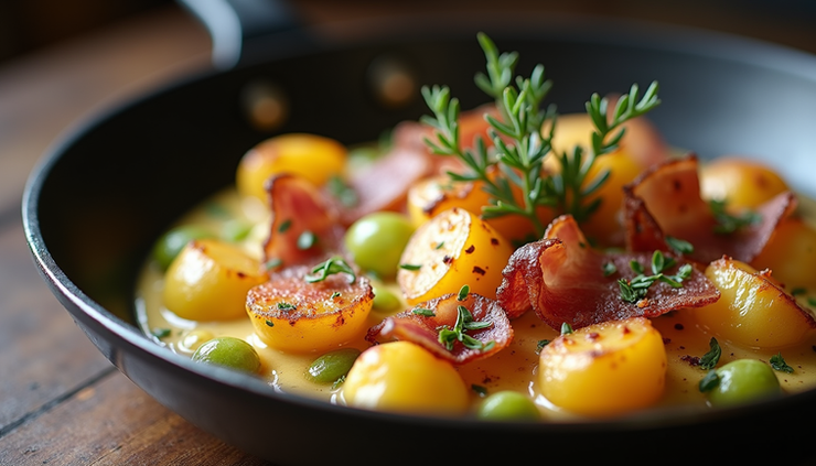 Eye-level view of a skillet with golden brown potato lyonnaise topped with crispy bacon and fresh thyme